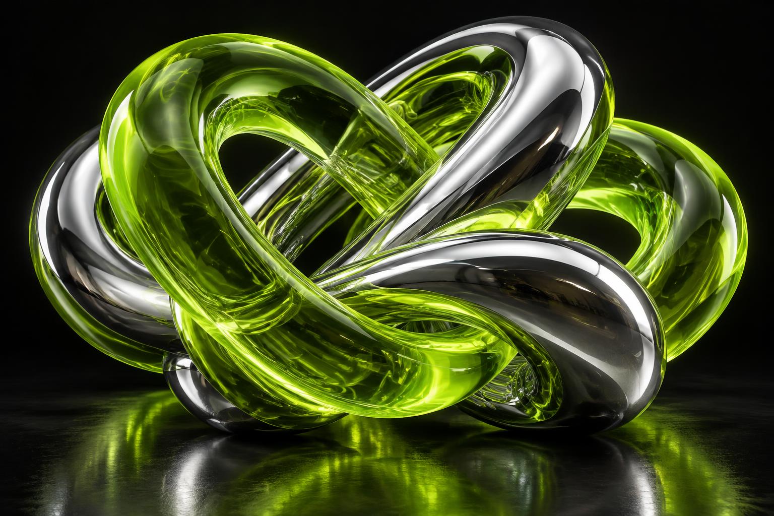 Interlocking lime glass and liquid chrome sculpture